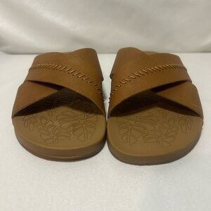 OluKai Brown Leather Crossband Slide Sandals